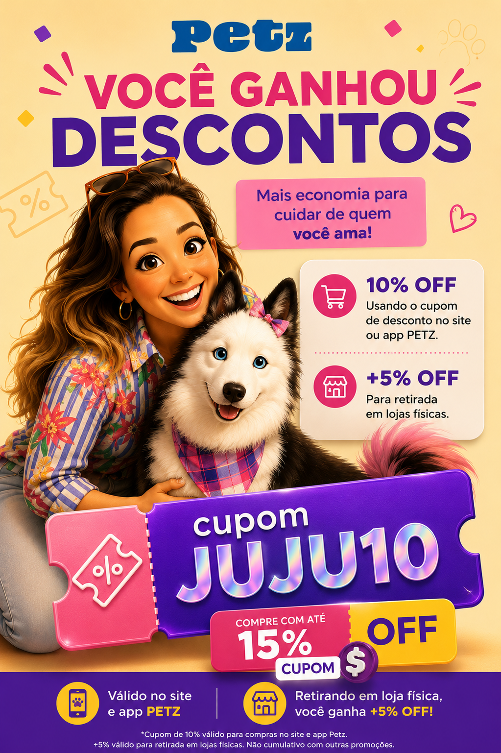 Cupom JUJU10 Petz — 10% OFF em produtos pet. Copie o código JUJU10 e use no checkout da loja Petz.