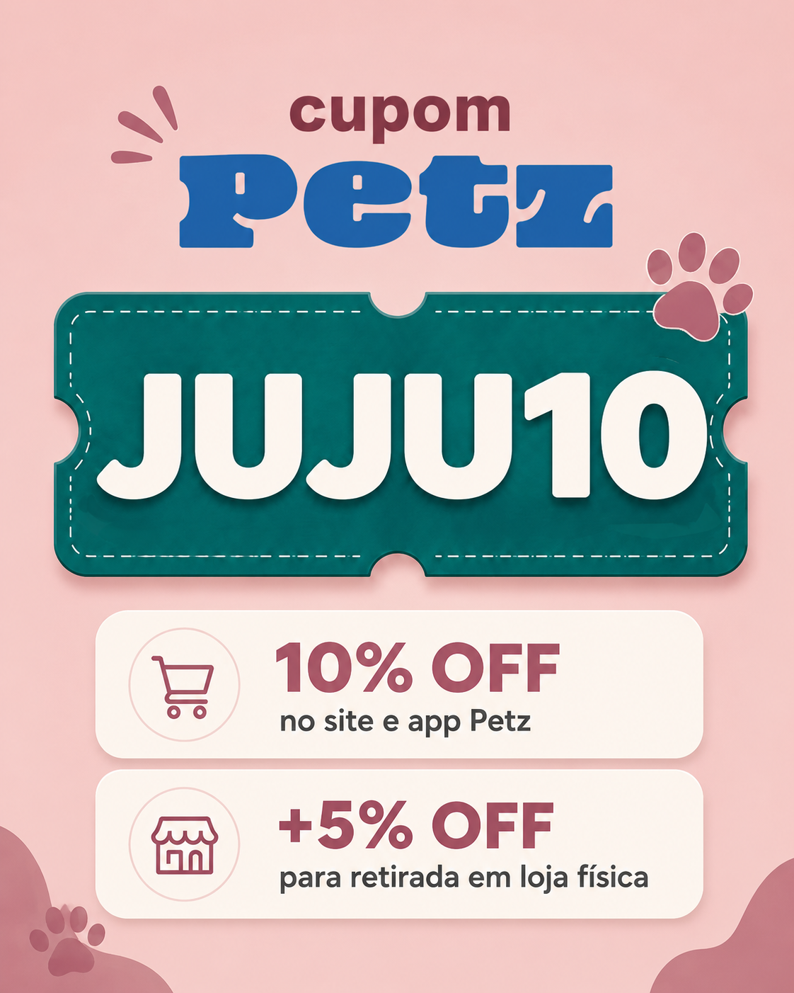 Cupom Petz JUJU10 promocao para colar no checkout Petz e ganhar desconto no site ou app Petz